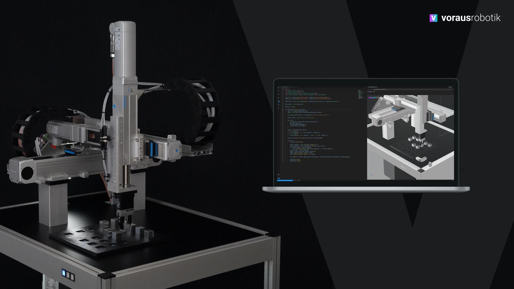 A cartesian gantry placing metal parts into a fixture, next to a laptop running voraus with the matching simulation