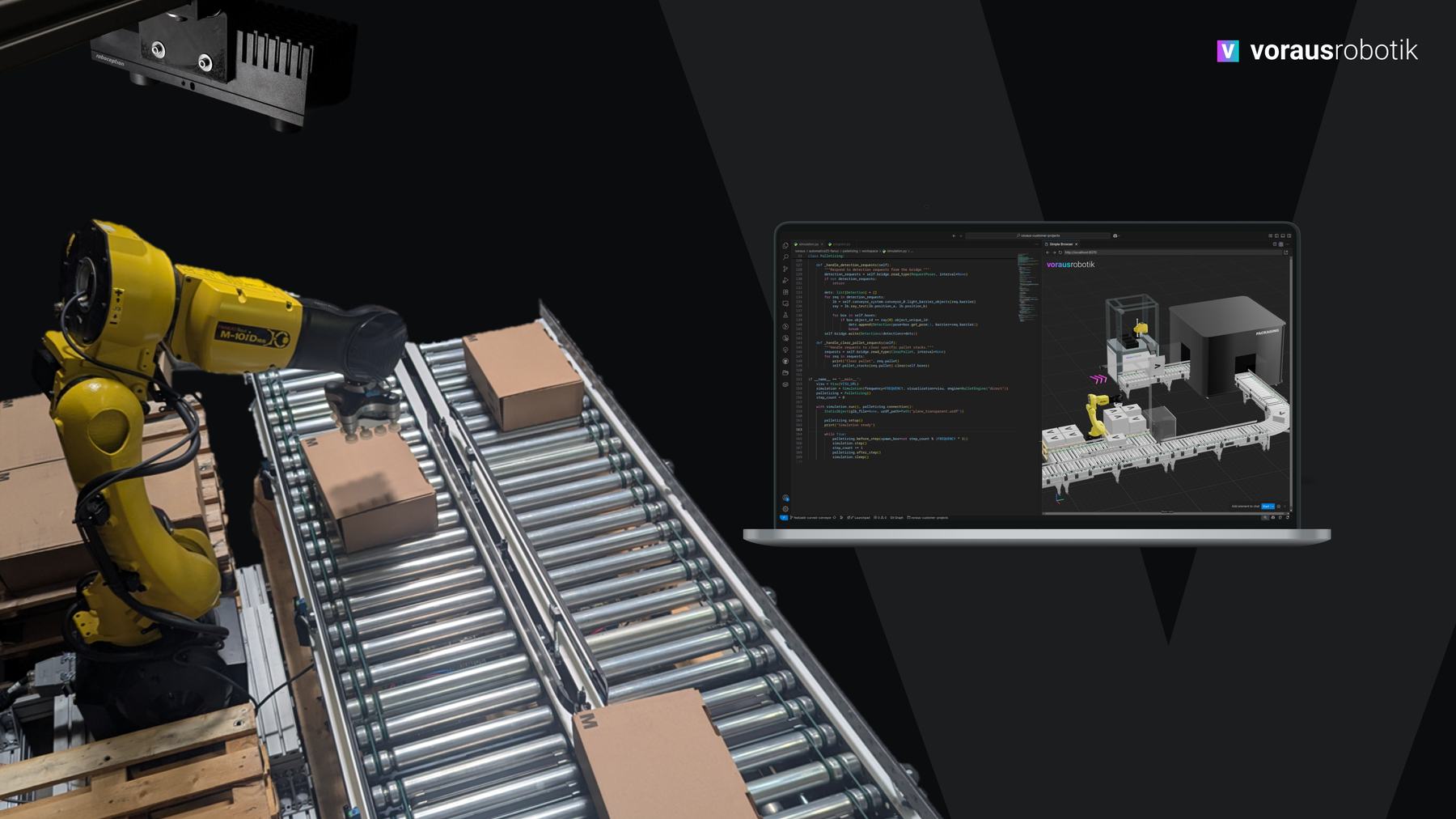 A FANUC robot palletizing boxes from a conveyor onto pallets, next to a laptop running voraus with a live simulation of the whole cell