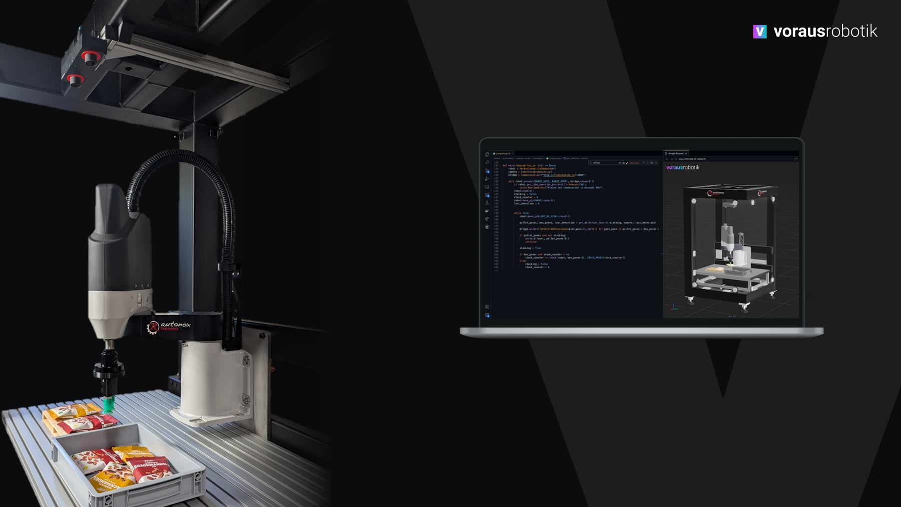 A SCARA robot picking packaged goods into a tray, next to a laptop running voraus with the robot program and its simulation side by side