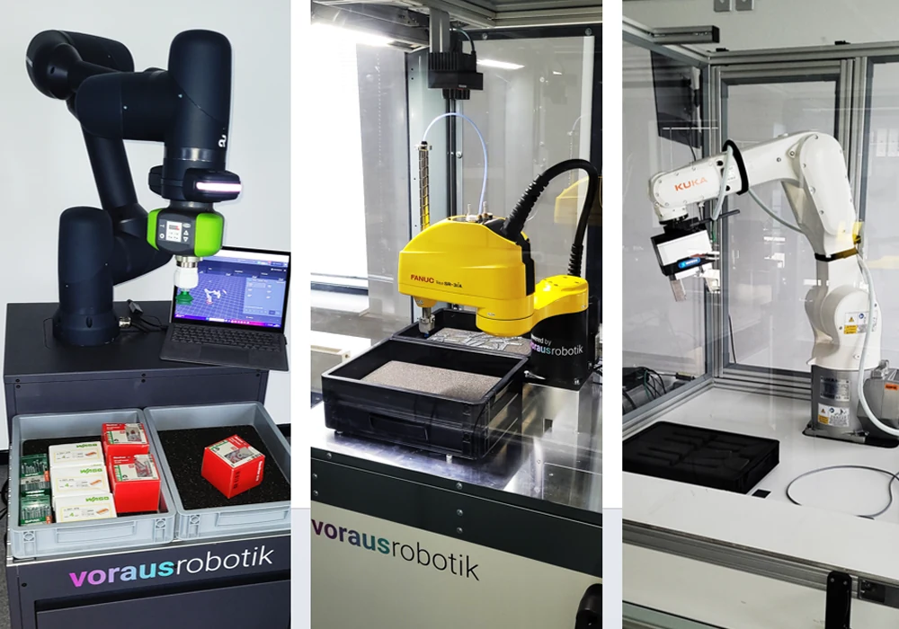 Three robot cells: a cobot over bins of mixed parts, a SCARA over a tray, a six-axis robot in a cell