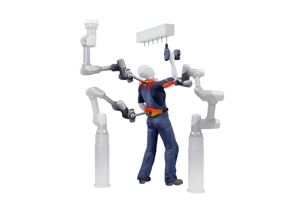 Robots holding a person by the arms, playing the forces of an exoskeleton