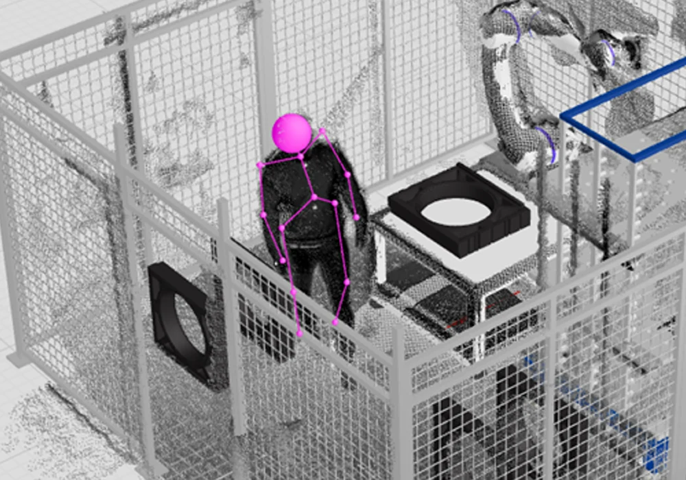 A robot cell as a point cloud, with a person reduced to a body pose