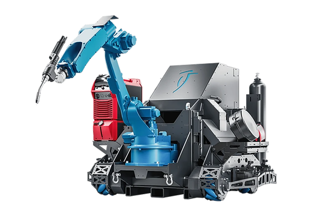 A welding robot on a mobile platform, with wire feeder and gas bottle on board